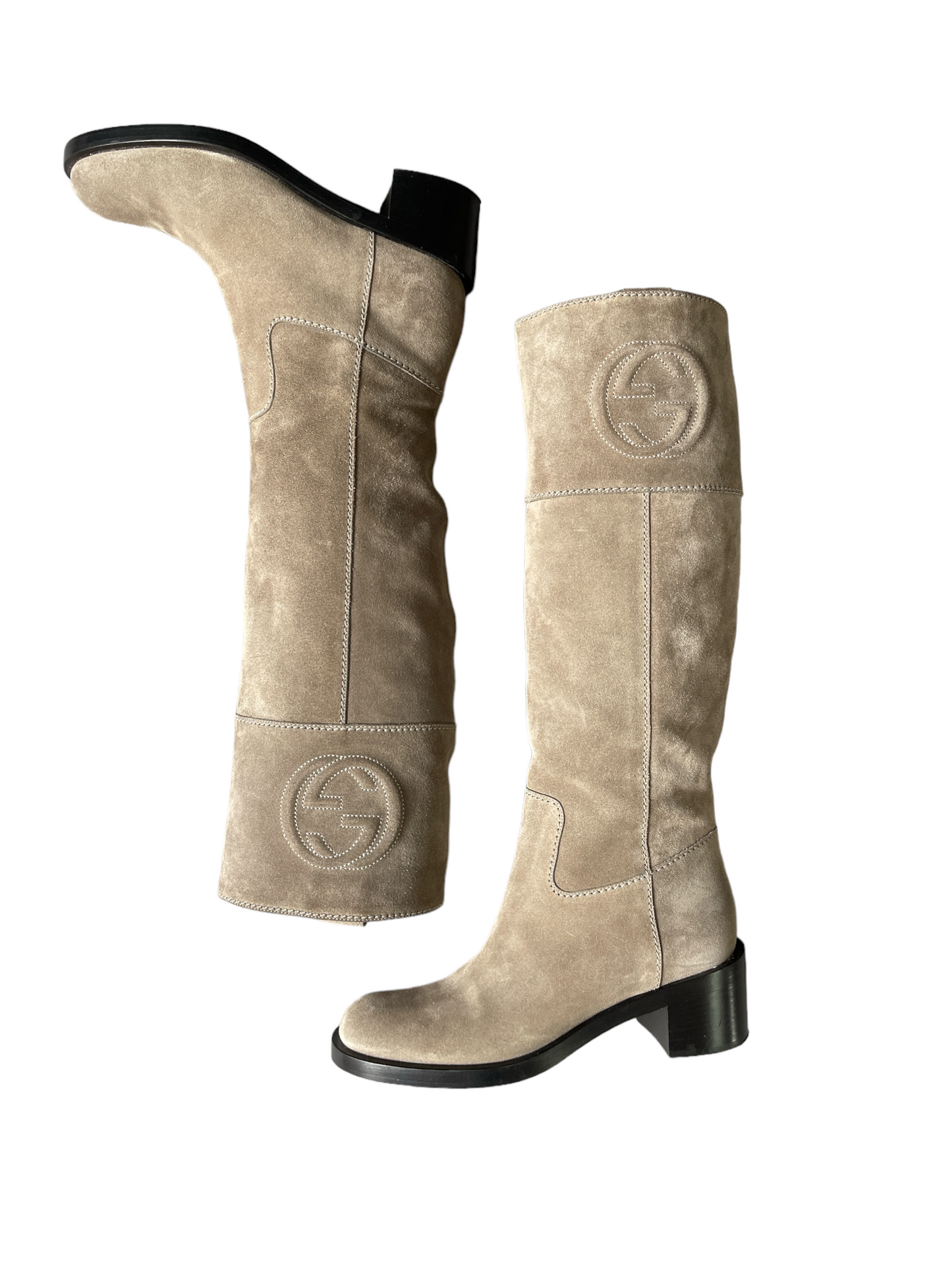 Gucci Nude Brown Knee High GG Suede Boots - Size 36 (New)