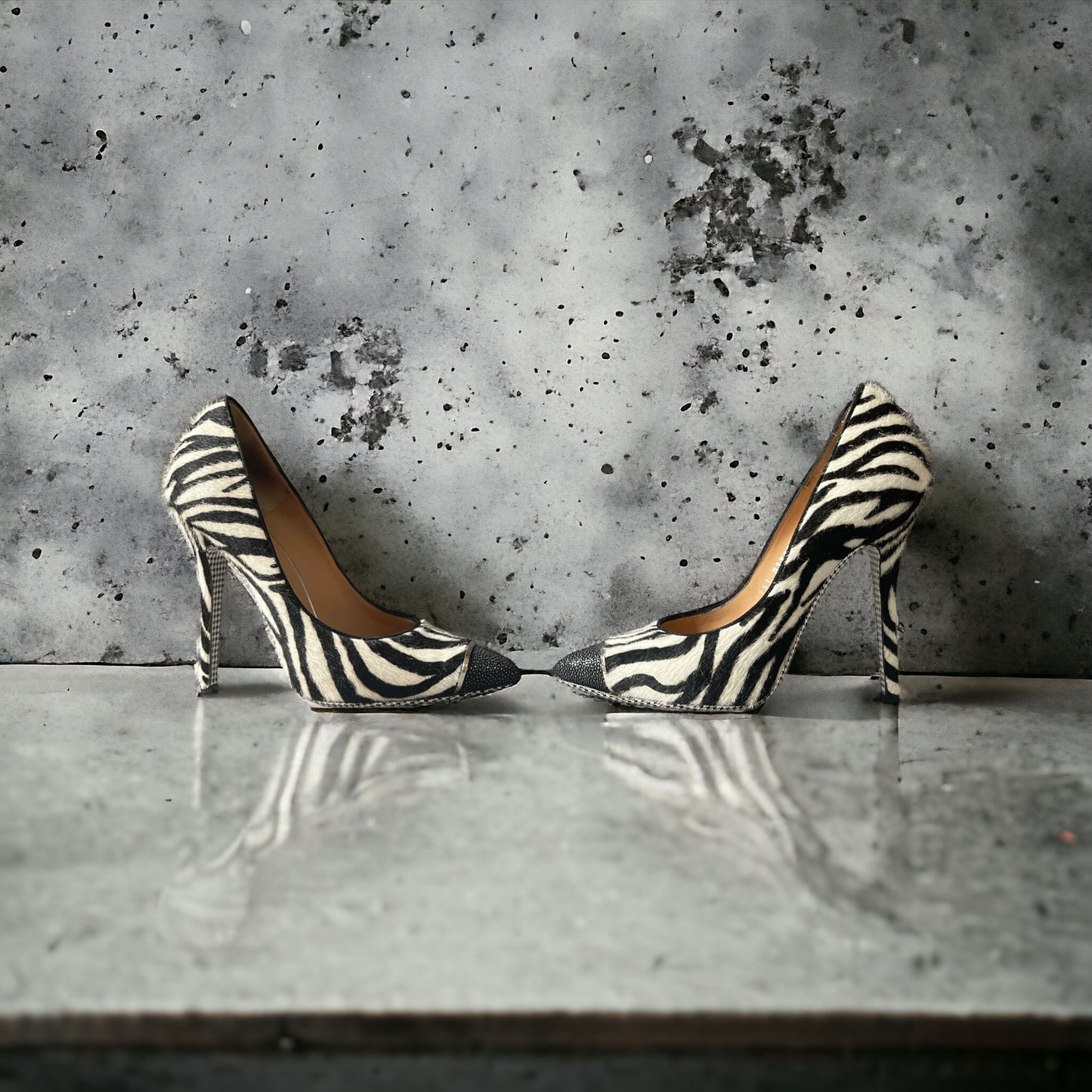 Ferragamo Zebra Print Cat Hair Stiletto Heels - Black and White