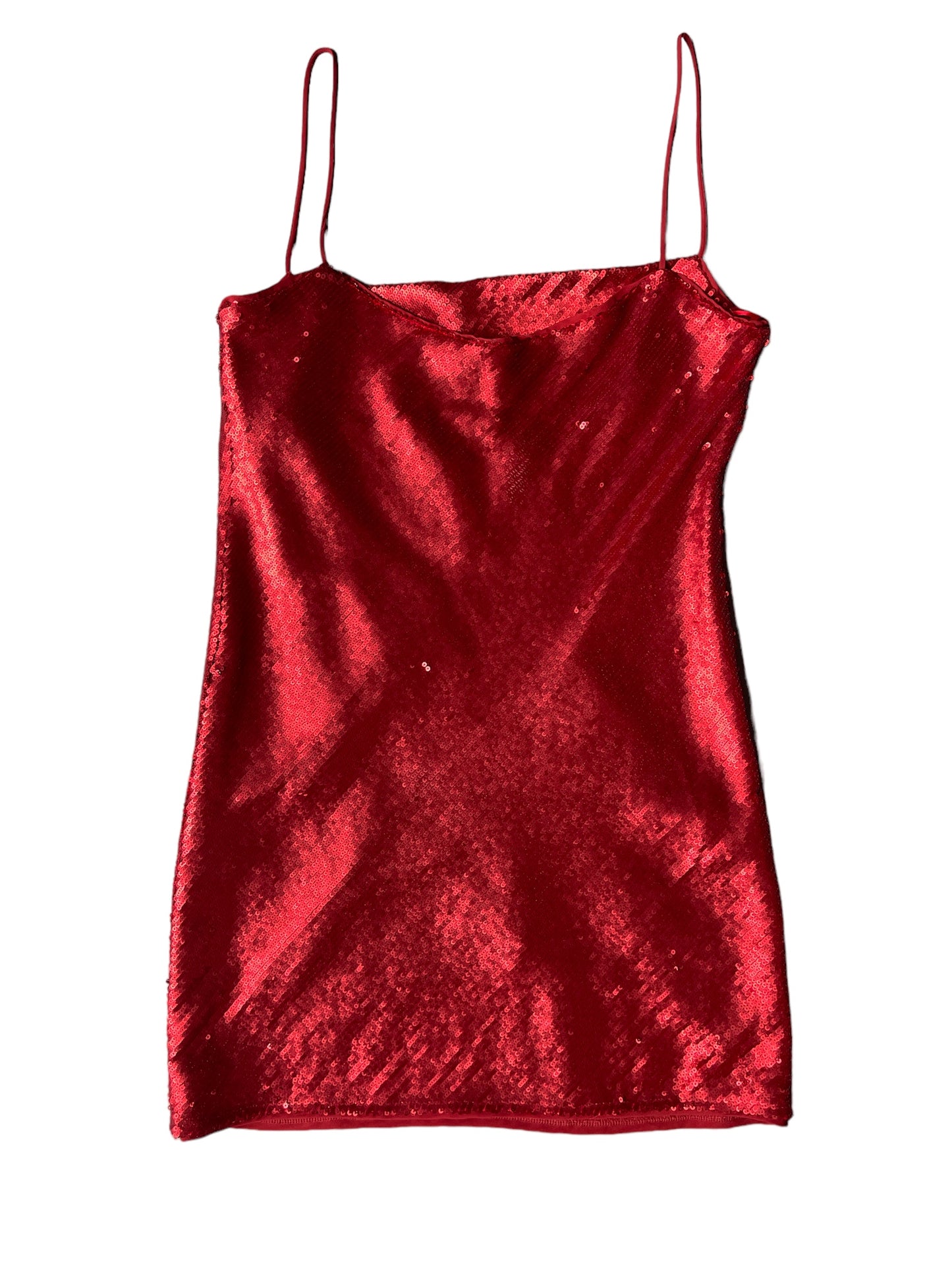 Red Sequin Cocktail Dress With Swooping Neck Size M