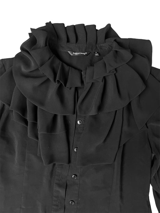 Samuel Dong Black Ruffled Collar Long Sleeve Sheer Blouse Size S