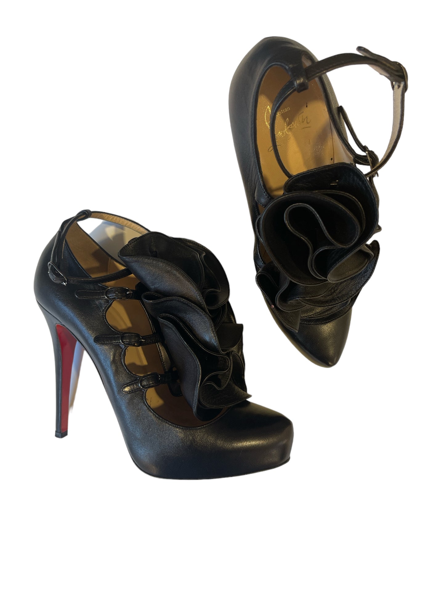 Christian Louboutin Troca 140 Patent Fluo Black Leather 'Rose Paris' Multi Strap High Heels - Size 39.5 (Heel: 7")