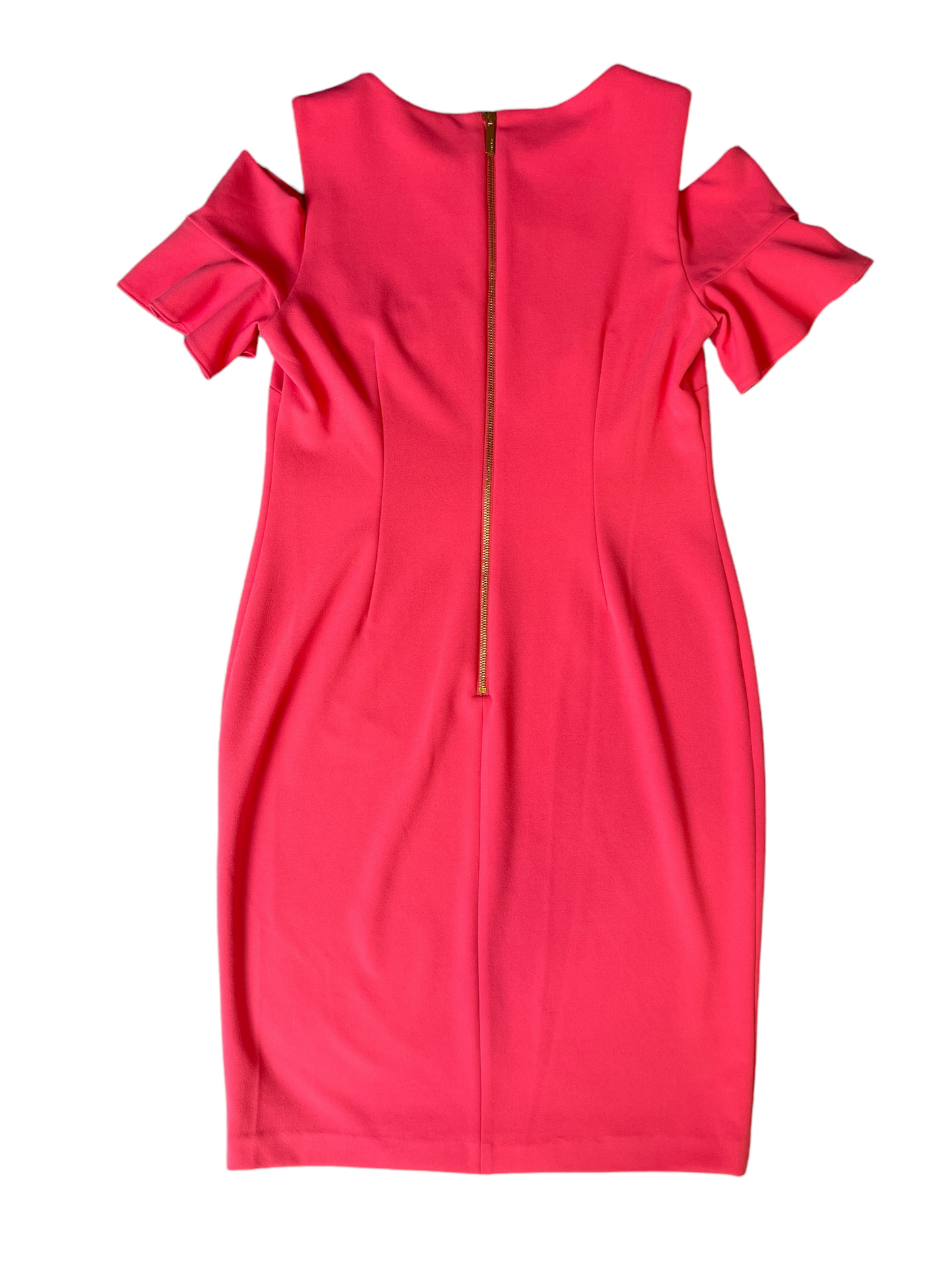 Calvin Klein Coral Dress with Open Shoulder Sleeves and Gold Zipper Size 12