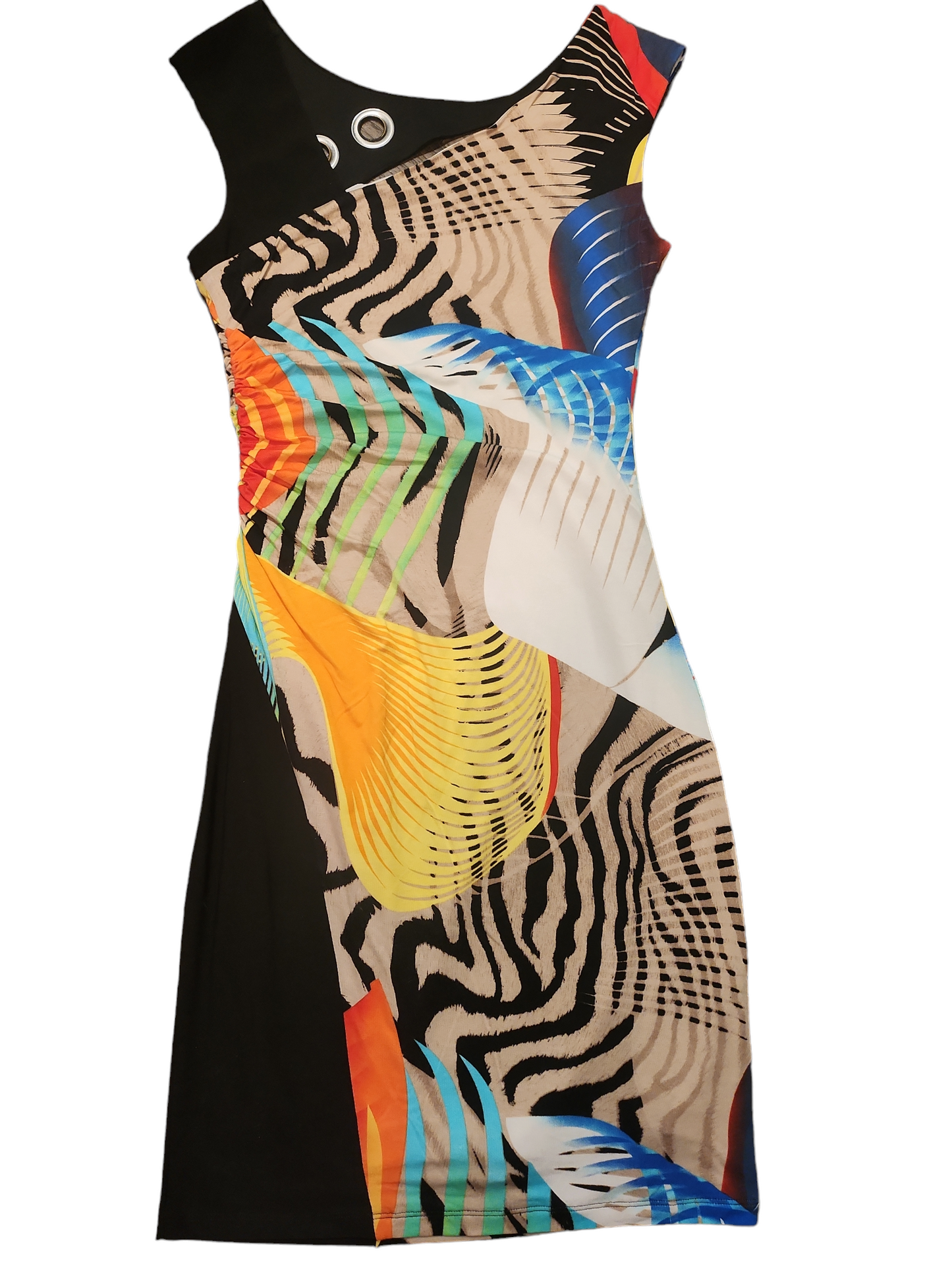 Frank Lyman Multi Coloured Graphic Dress With 3 Black Plastic Circles on Collar Size 6