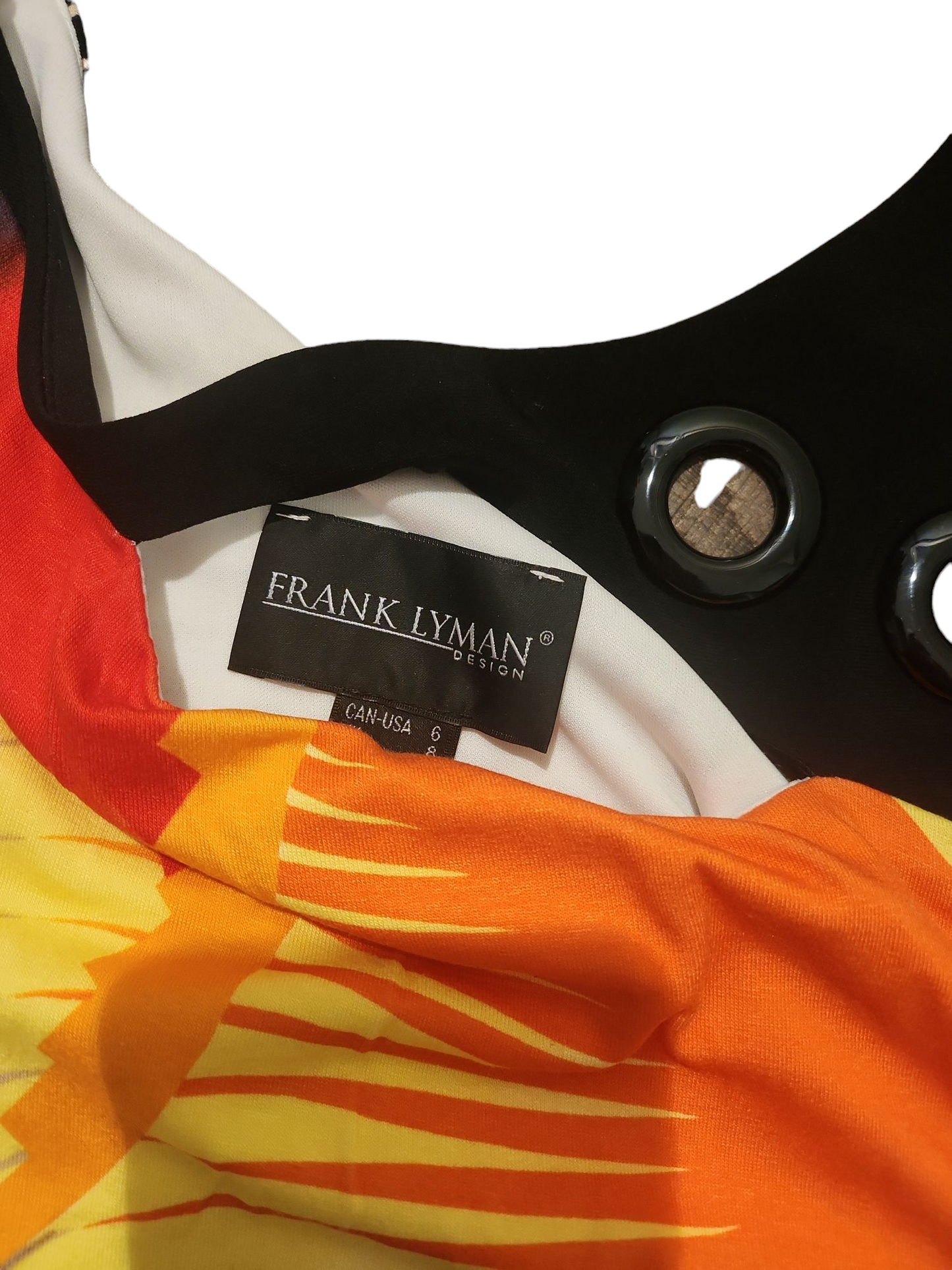 Frank Lyman Multi Coloured Graphic Dress With 3 Black Plastic Circles on Collar Size 6