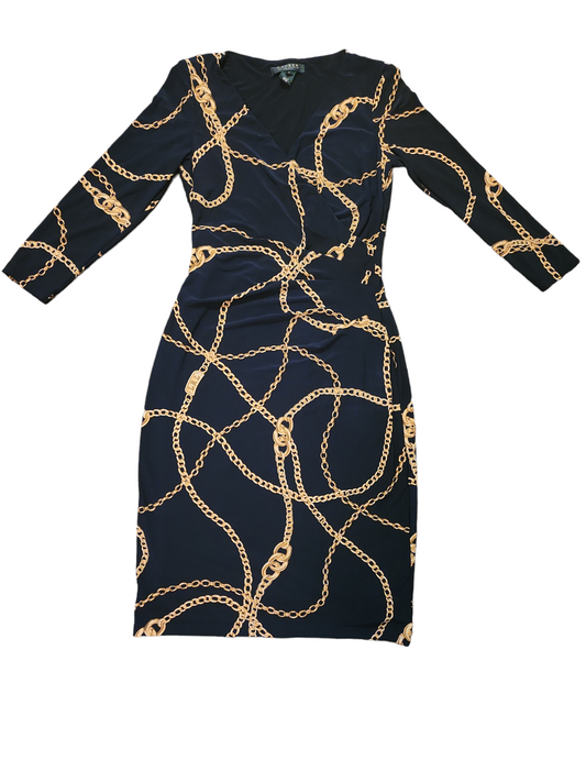 Ralph Lauren Black With Gold Chain Design Long Sleeve Dress Size 2