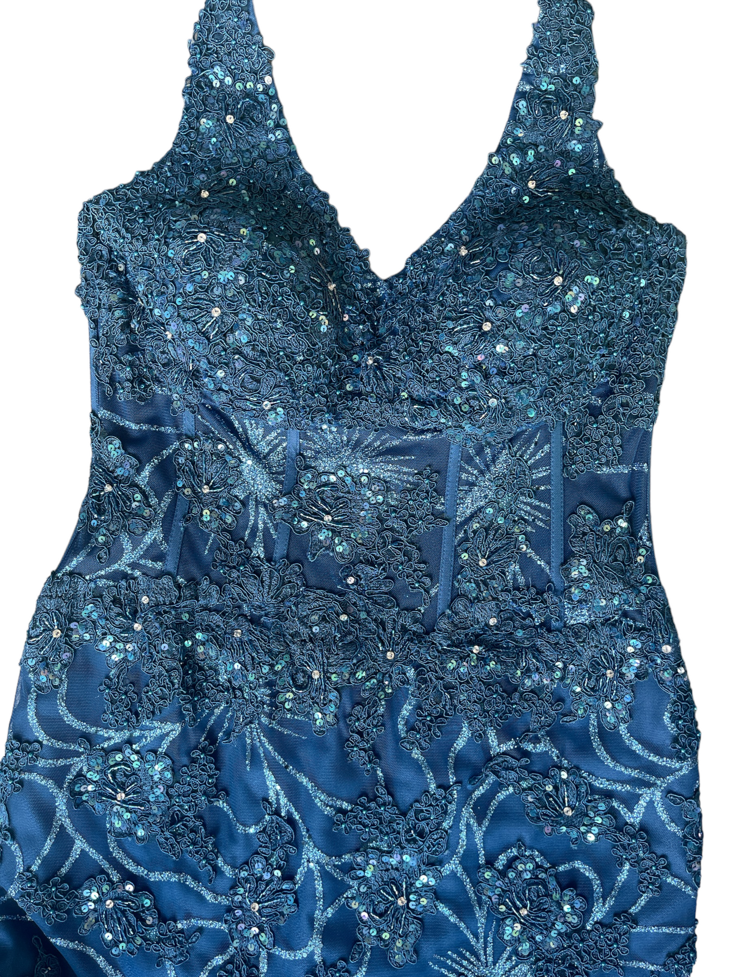 Designer Formal Blue Sequin Dress With Crinoline And Tulle Tassels Size 10