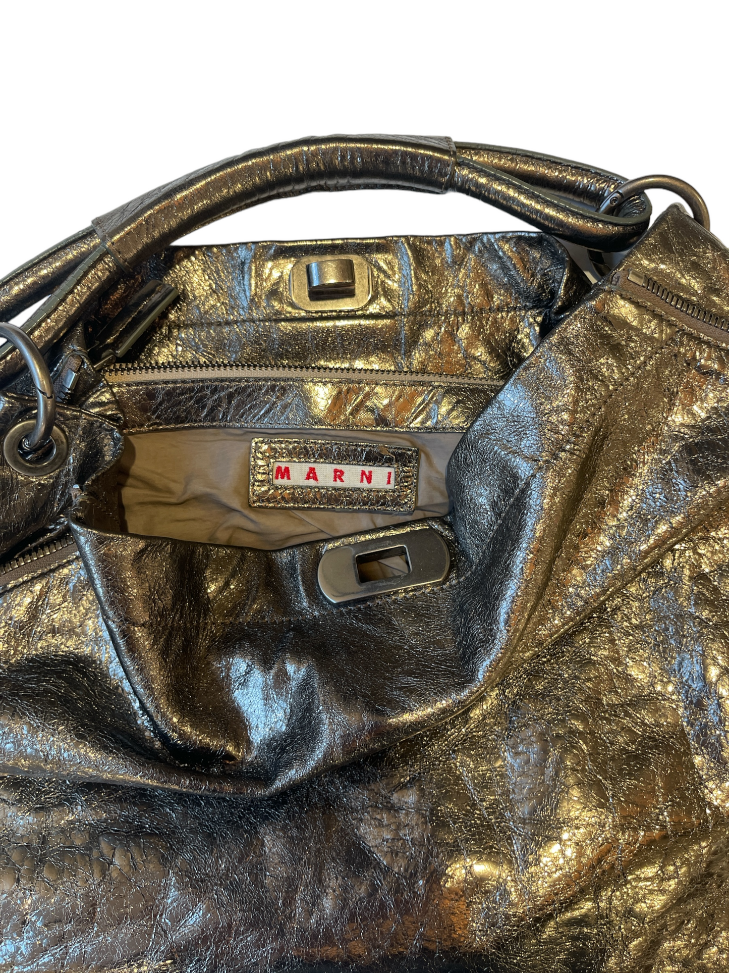 MARNI Metallic Gold Shoulder Bag with Extendable Zipper & Closure Details